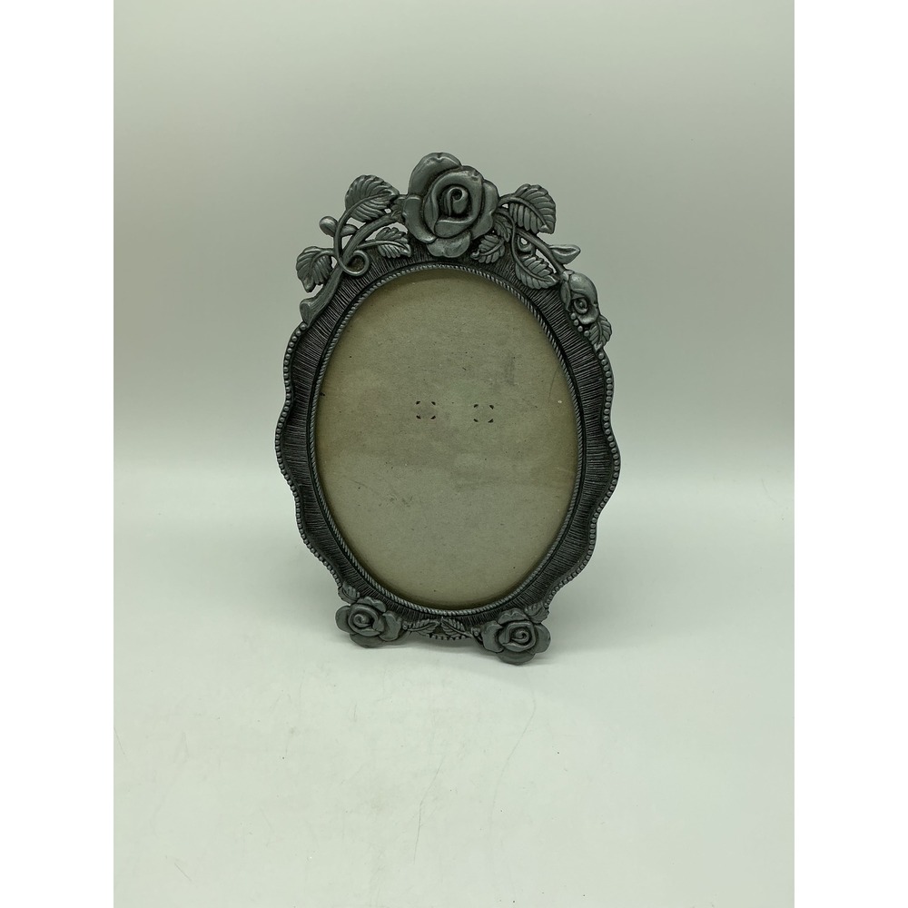 Vintage Ornate Pewter Tone Metal Oval Rose Floral Picture Frame Tabletop 4x6
